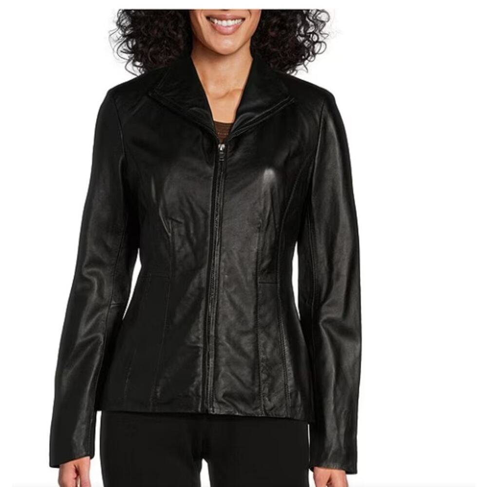 Cole Hann Single Breasted Wing Collar Genuine Lambskin Leather Jacket Size Small
